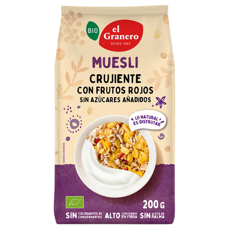 Muesli Crujiente con Frutos Rojos Bio · El Granero Integral · 200 gramos