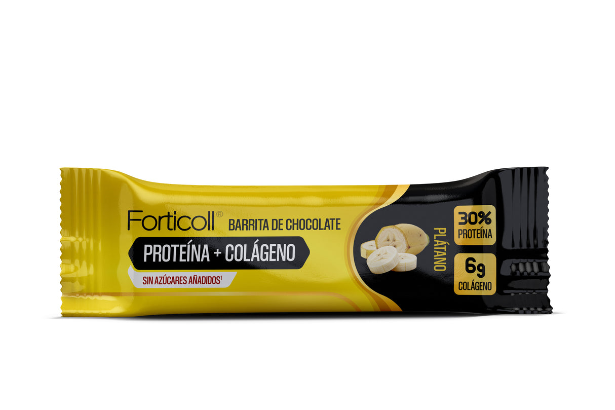 Barrita de Chocolate de Proteína + Colágeno Plátano · Forticoll · 50 gramos