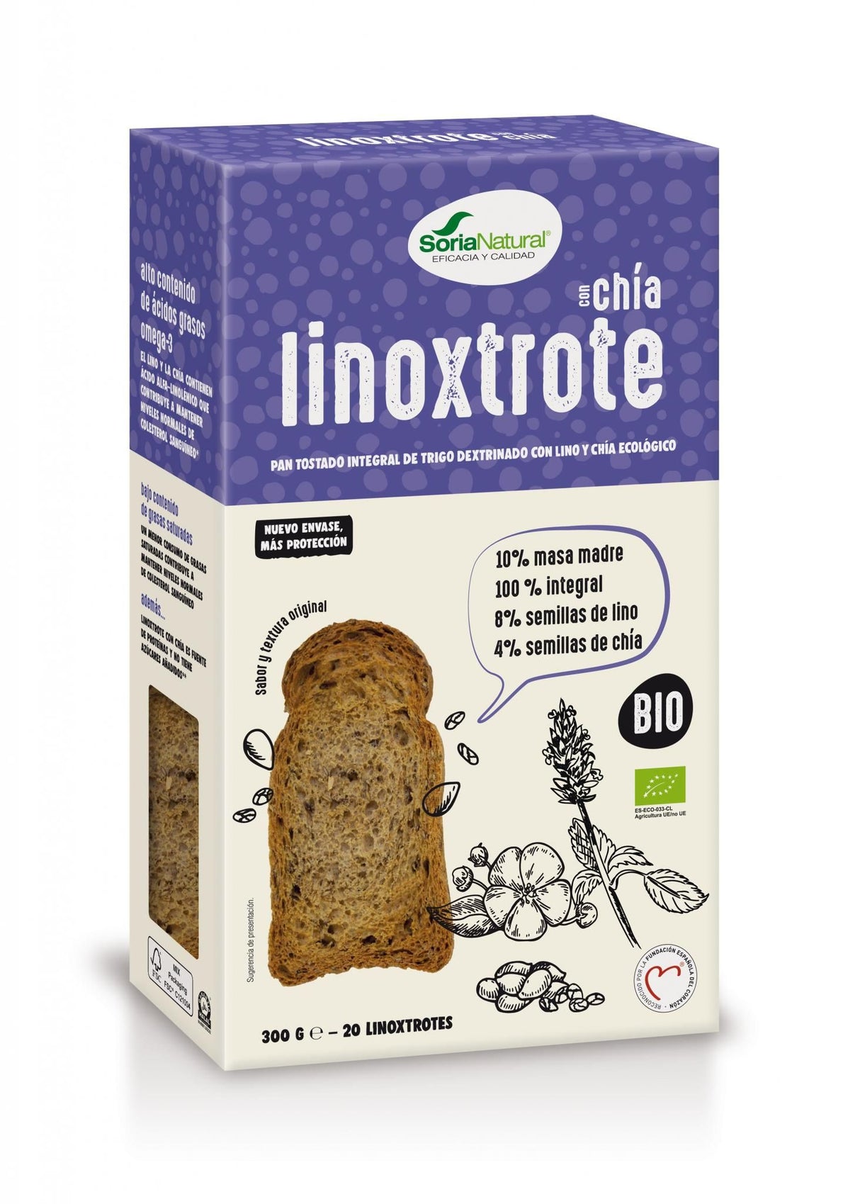Pan Tostado Integral de Trigo Dextrinado con Lino y Chía - Linoxtrote · Soria Natural · 300 gramos