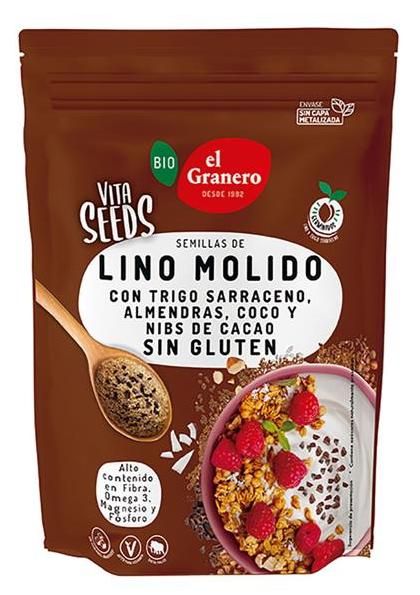 Vitaseeds Lino Molido con Trigo Sarraceno Germinado, Almendra, Coco y Nibs de Cacao · El Granero Integral · 200 gramos