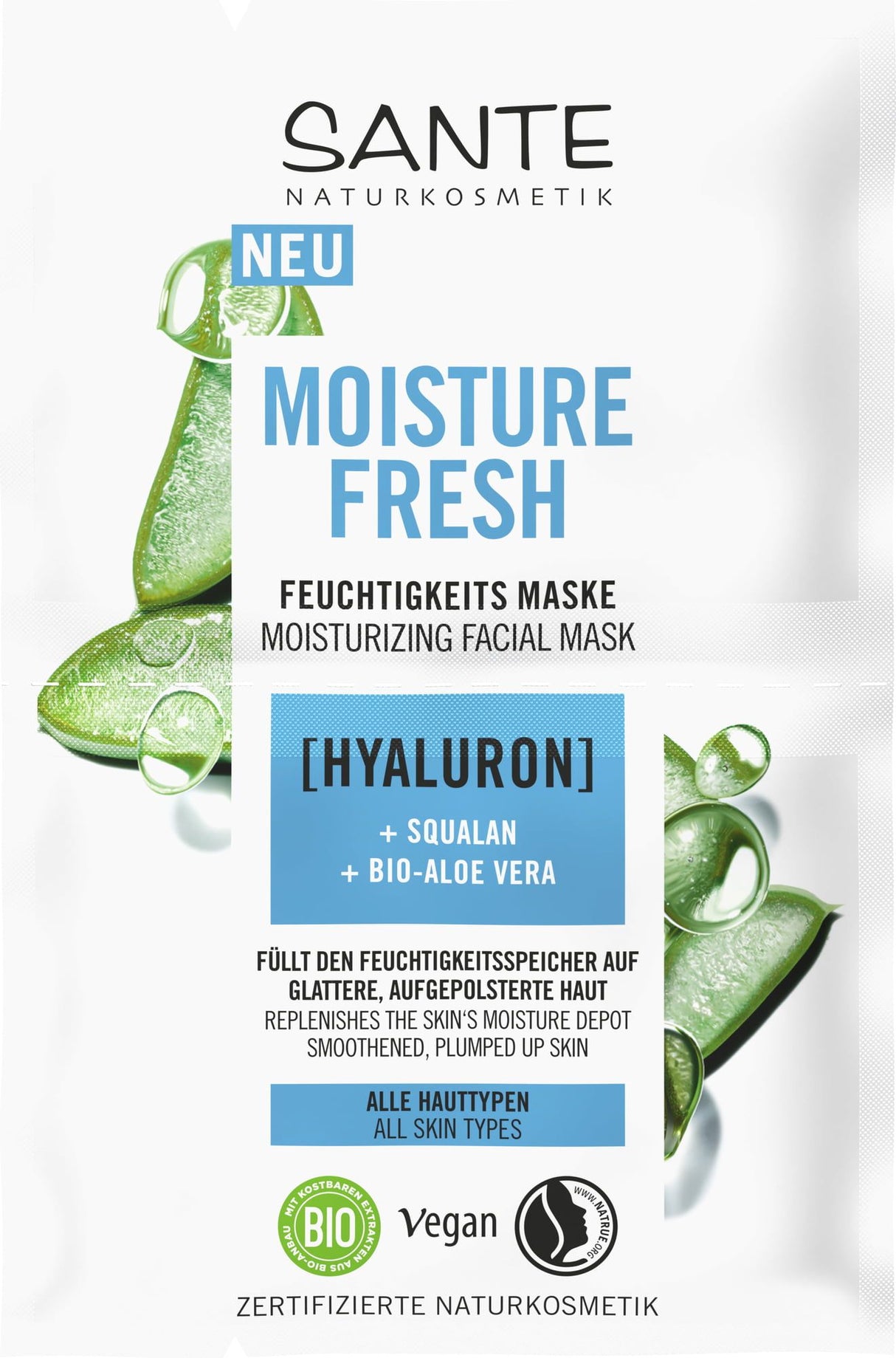 Mascarilla Fresh Hidratación Ácido Hialurónico & Aloe Vera Bio · Sante · 2x4 ml
