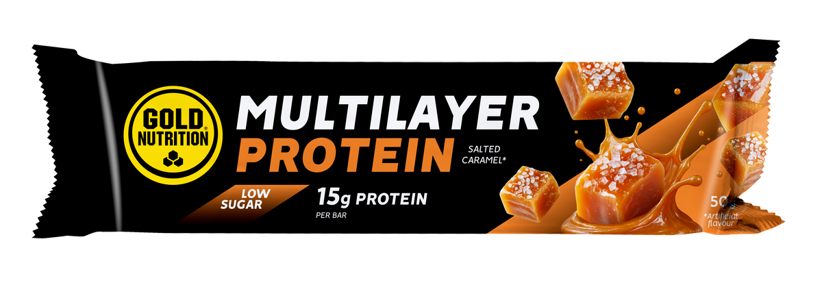 Multilayer Bar Low Sugar Caramelo Negro Salado · Gold Nutrition · 50 gramos