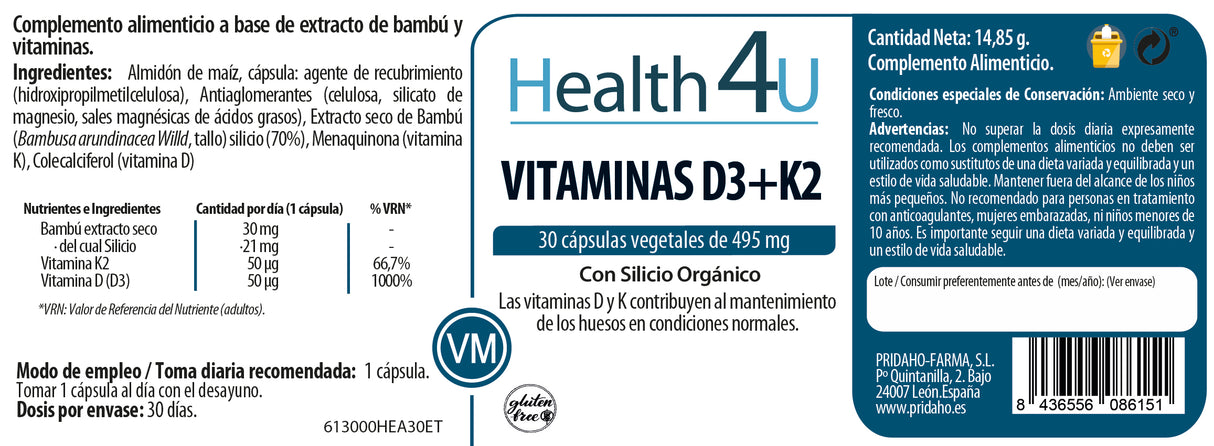 Vitamina D3 + K2 · Health4U · 30 cápsulas