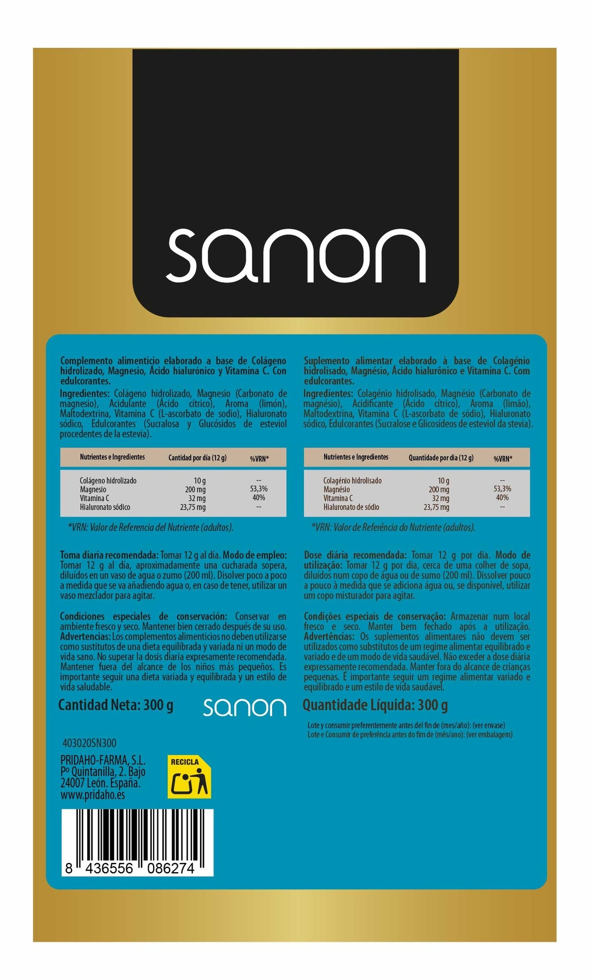 Colágeno Hidrolizado · Sanon · 300 gramos