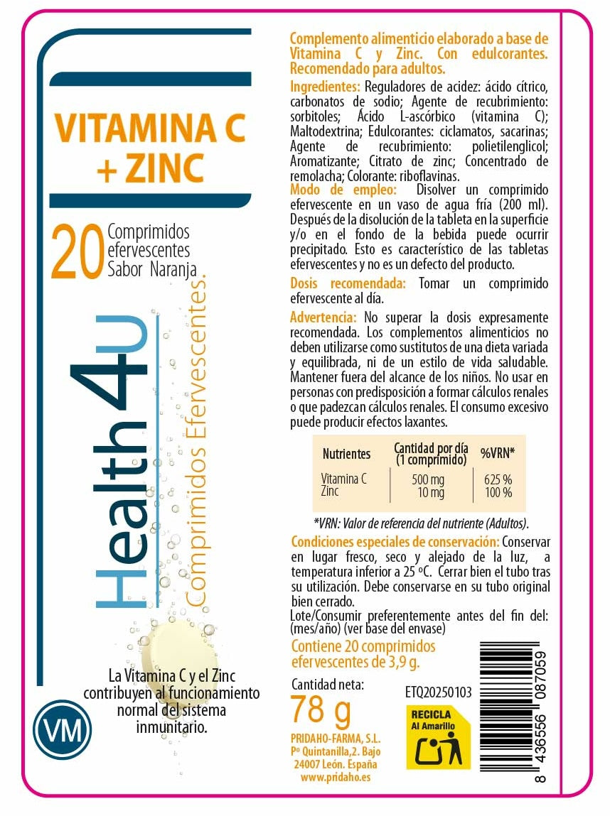 Vitamina C + Zinc · Health4U · 20 comprimidos efervescentes