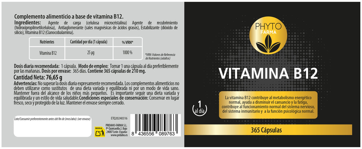 Vitamina B12 · Phytofarma · 365 cápsulas
