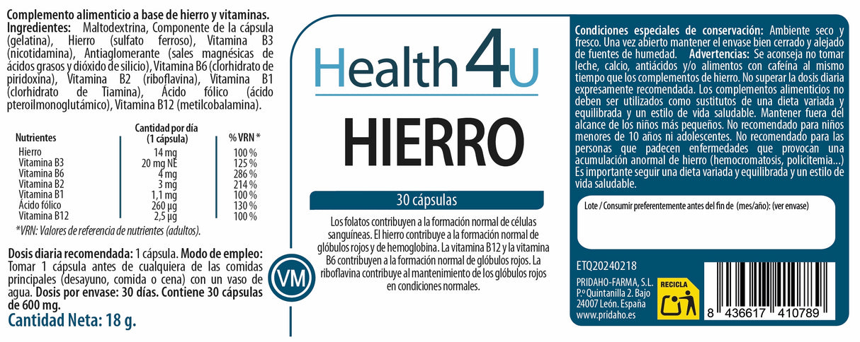 Hierro · Health4U · 30 cápsulas