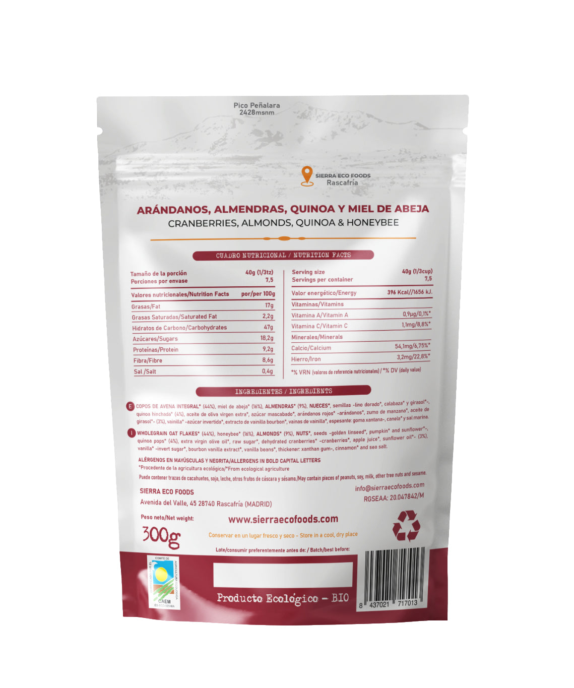 Granola de Arándanos, Almendras, Quinoa y Miel de Abeja · Sierra Eco Foods · 300 gramos