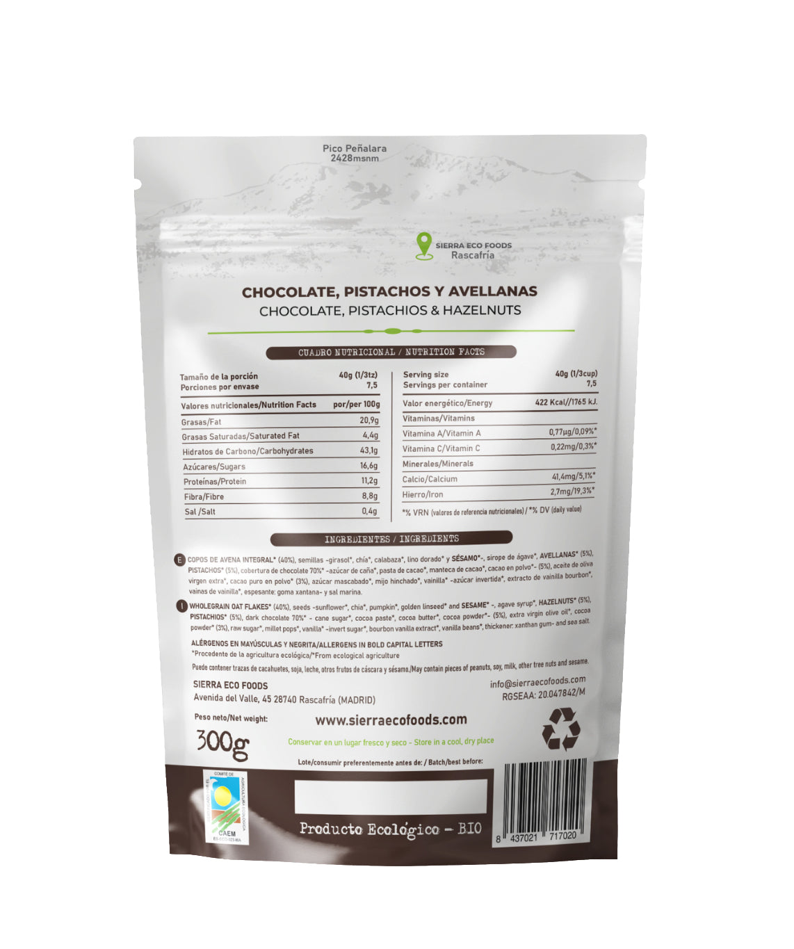 Granola de Chocolate, Pistachos y Avellanas · Sierra Eco Foods · 300 gramos