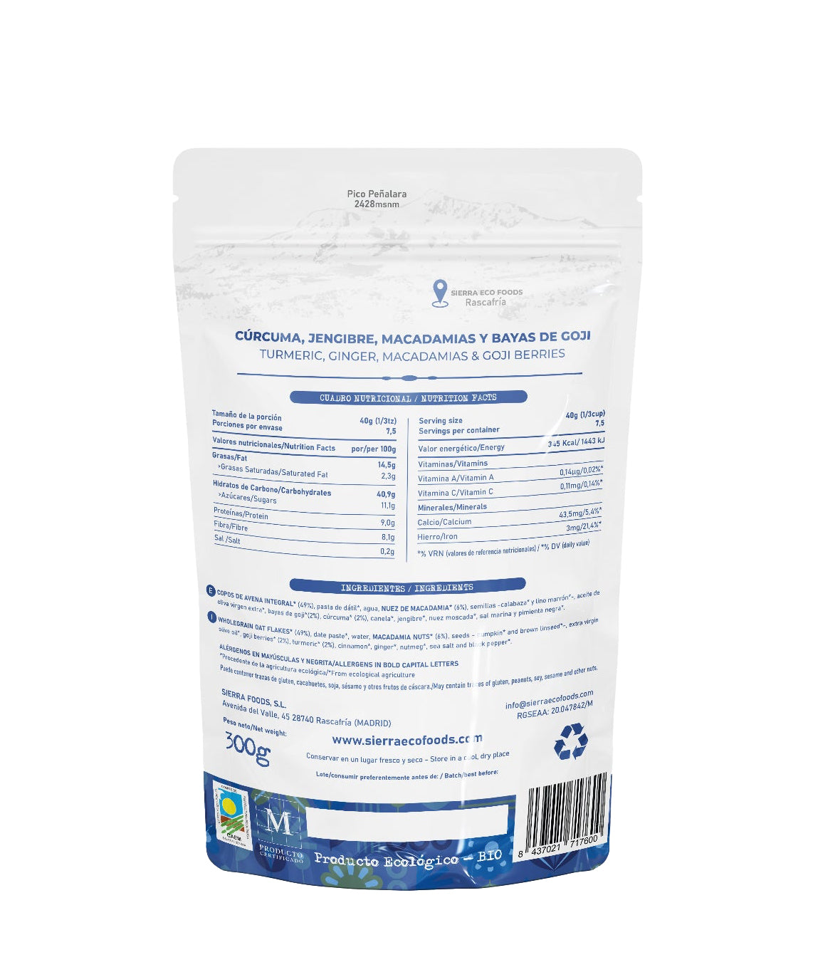 Granola de Cúrcuma, Jengibre, Macadamias y Goji · Sierra Eco Foods · 300 gramos