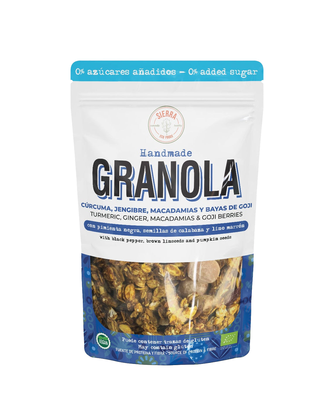 Granola de Cúrcuma, Jengibre, Macadamias y Goji · Sierra Eco Foods · 300 gramos