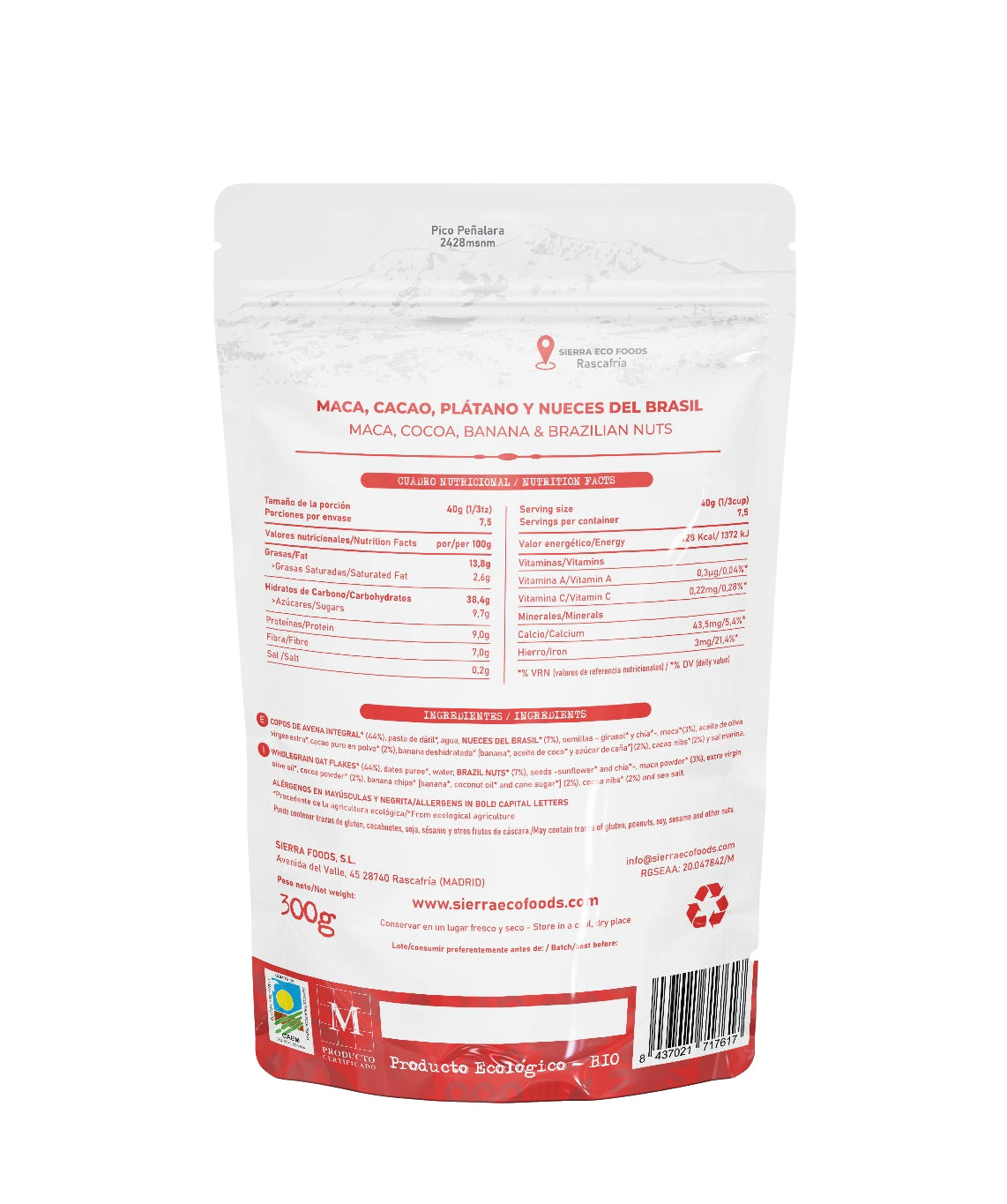 Granola de Maca, Cacao, Plátano y Nueces del Brasil · Sierra Eco Foods · 300 gramos