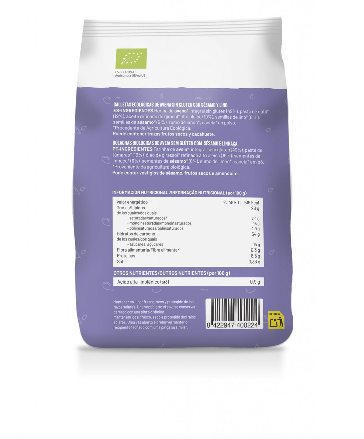 Galletas de Avena con Semillas de Sésamo y Lino BIO · Soria Natural · 125 g - 2