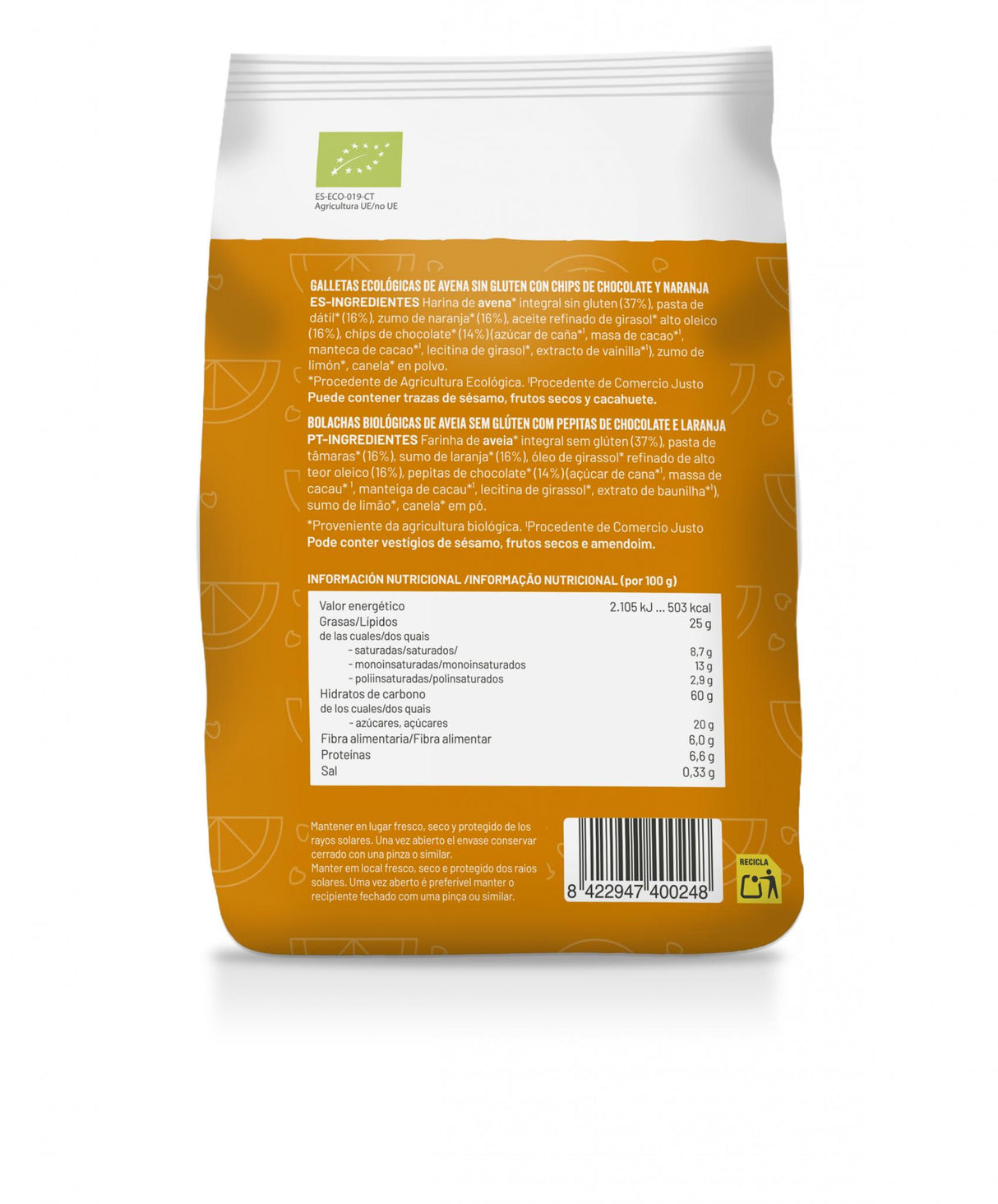 Galletas de Avena con Chips de Chocolate y Naranja BIO · Soria Natural · 125 g — información nutricional