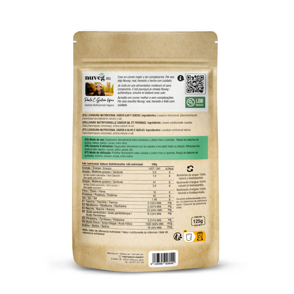 Levadura Nutricional Sabor Ajo y Queso · Nuveg · 125 gramos