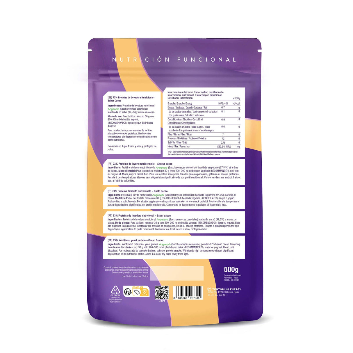 Proteína de Levadura Nutricional 73% Cacao · Energy Feelings · 500 gramos
