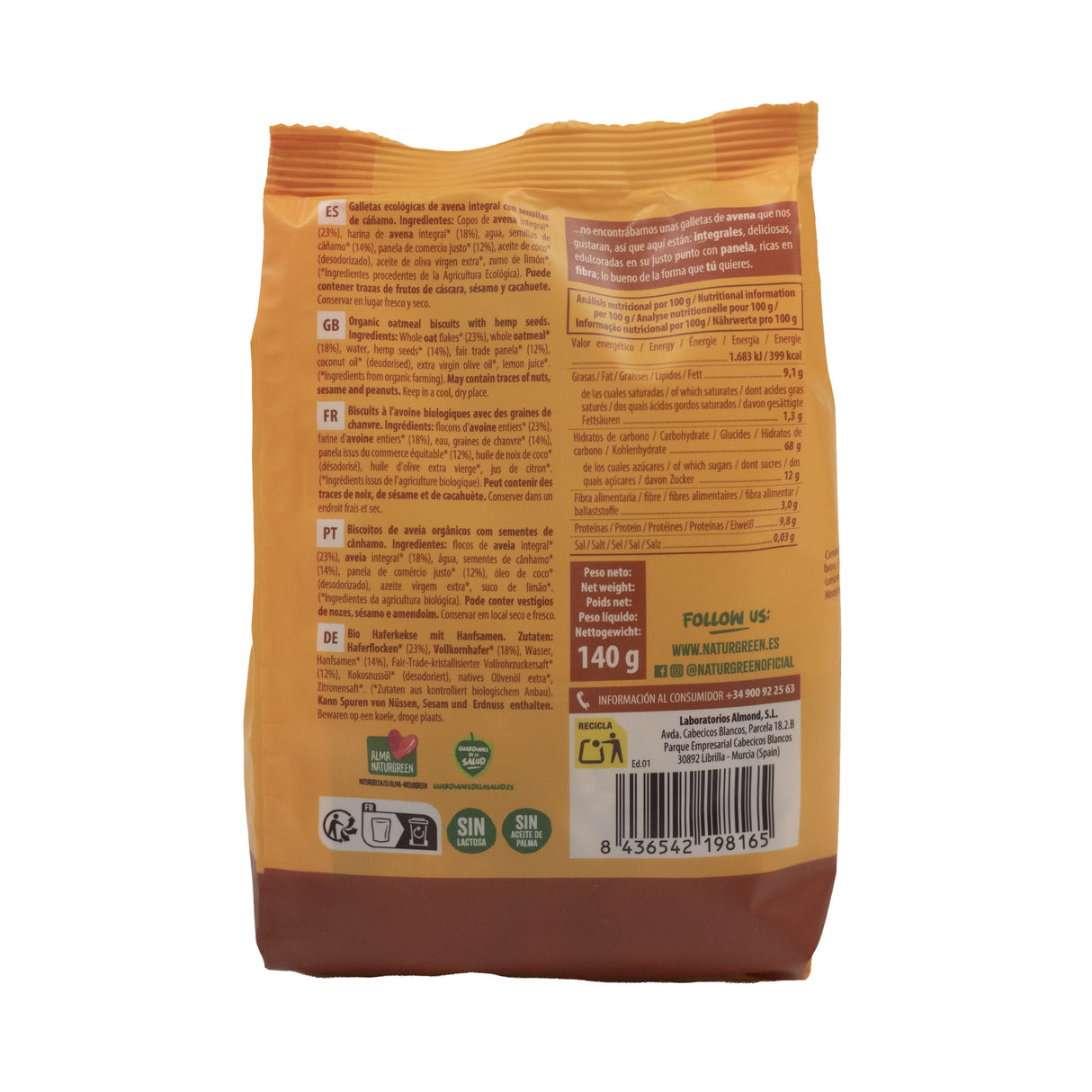 Galletas de Avena Integral con Semillas de Cáñamo Bio · Naturgreen · 140 gramos