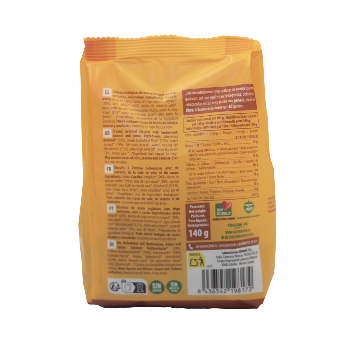 Galletas de Avena Integral con Trigo Sarraceno, Coco y Cacao Bio · Naturgreen · 140 gramos