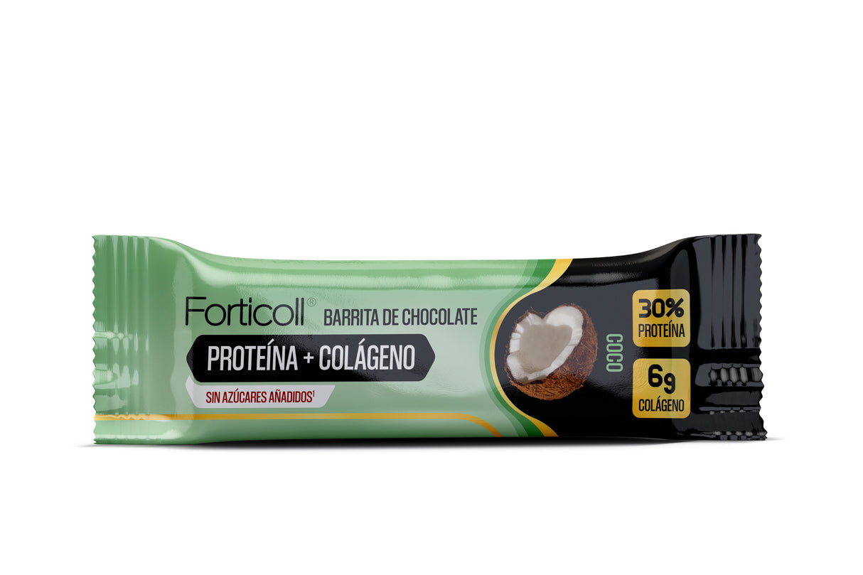 Barrita de Chocolate de Proteína + Colágeno Coco · Forticoll · 50 gramos