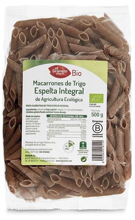 Macarrones de Trigo Espelta Integral · El Granero Integral · 500 gramos