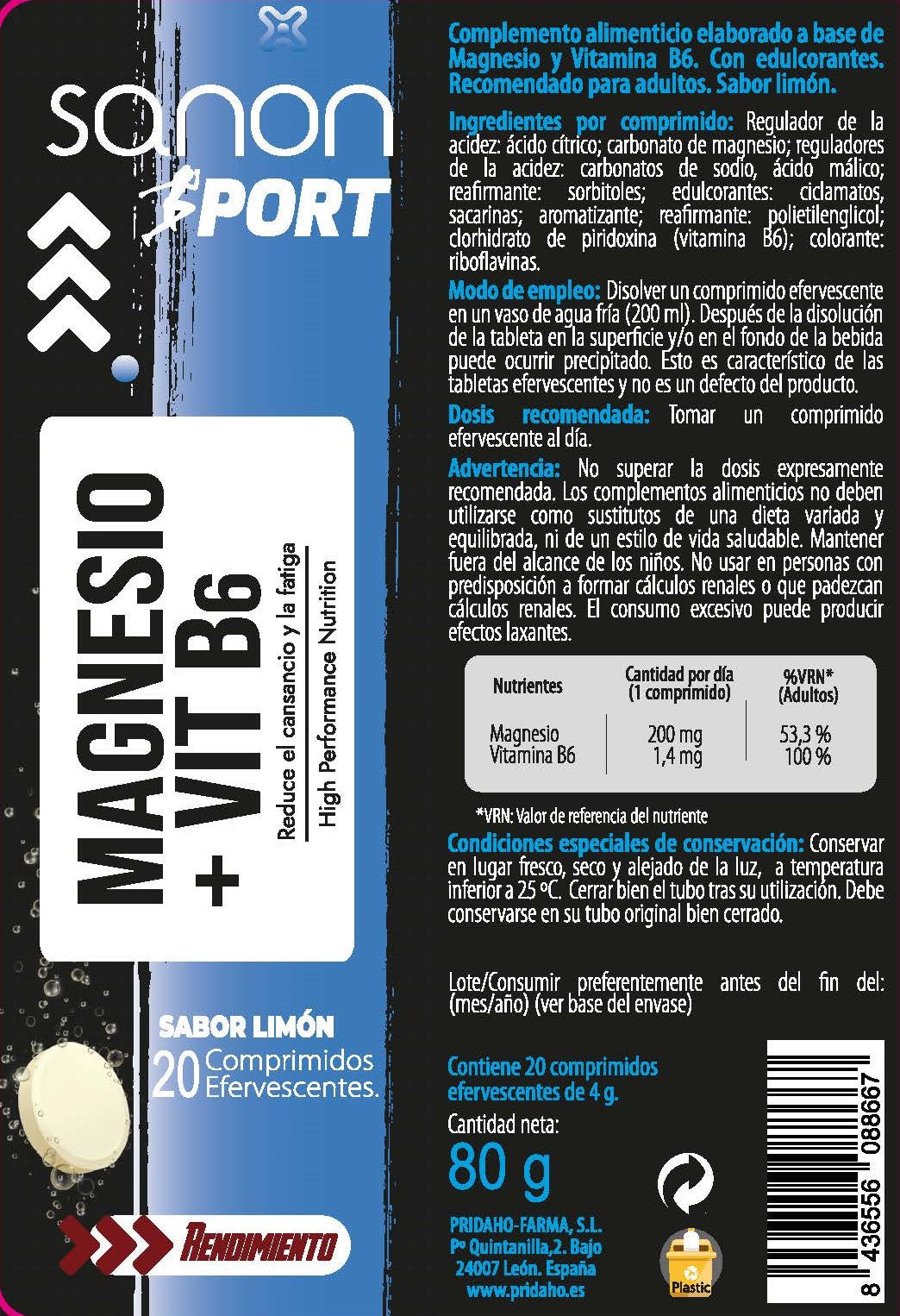 Magnesio + Vitamina B6 · Sanon · 20 comprimidos efervescentes