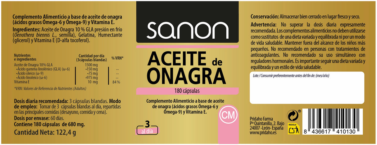 Aceite de Onagra · Sanon · 180 cápsulas