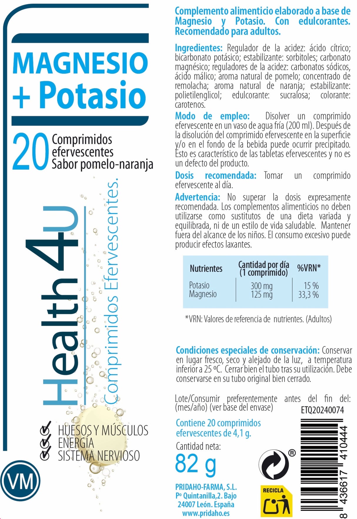 Magnesio + Potasio · Health4U · 20 comprimidos efervescentes