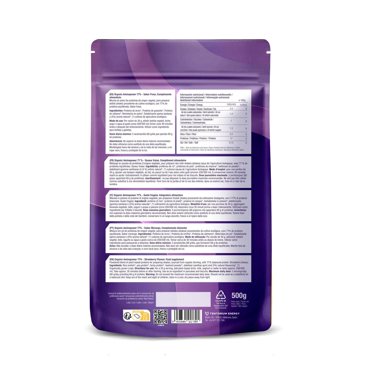 Organic AminoPower Eco 77% Fresa · Energy Feelings · 500 gramos