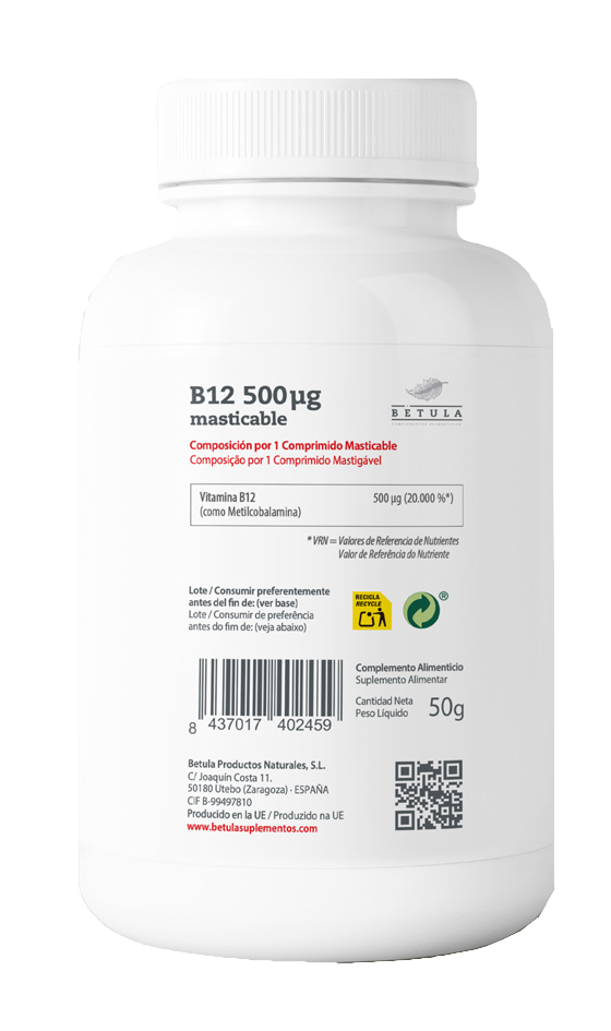 Vitamina B12 500 mcg · Betula · 100 comprimidos masticables