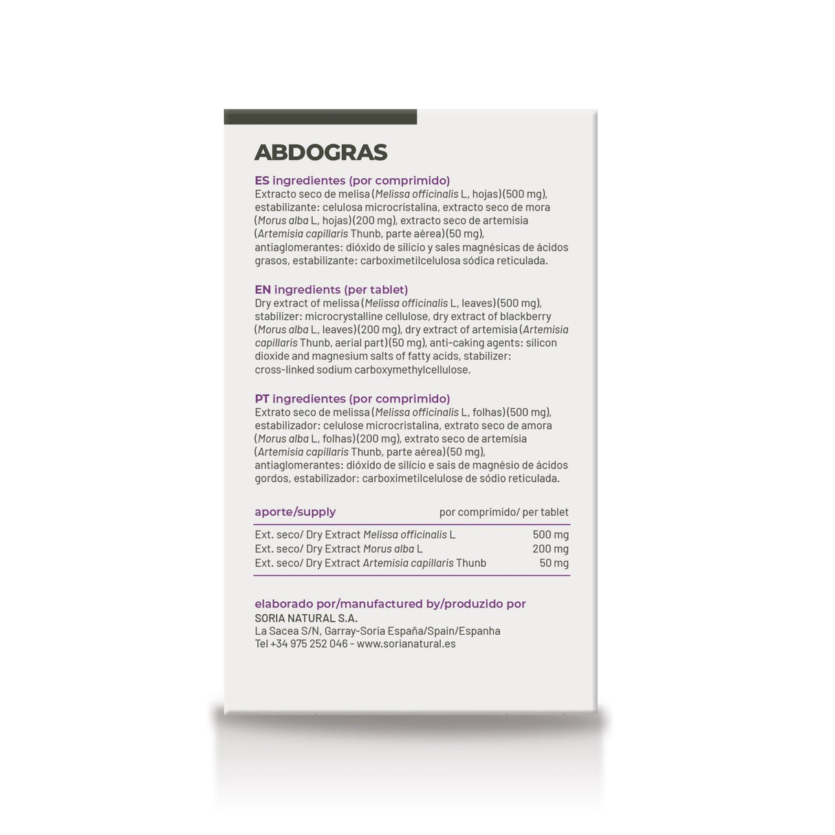 Abdogras · Soria Natural · 28 comprimidos - reverso etiqueta
