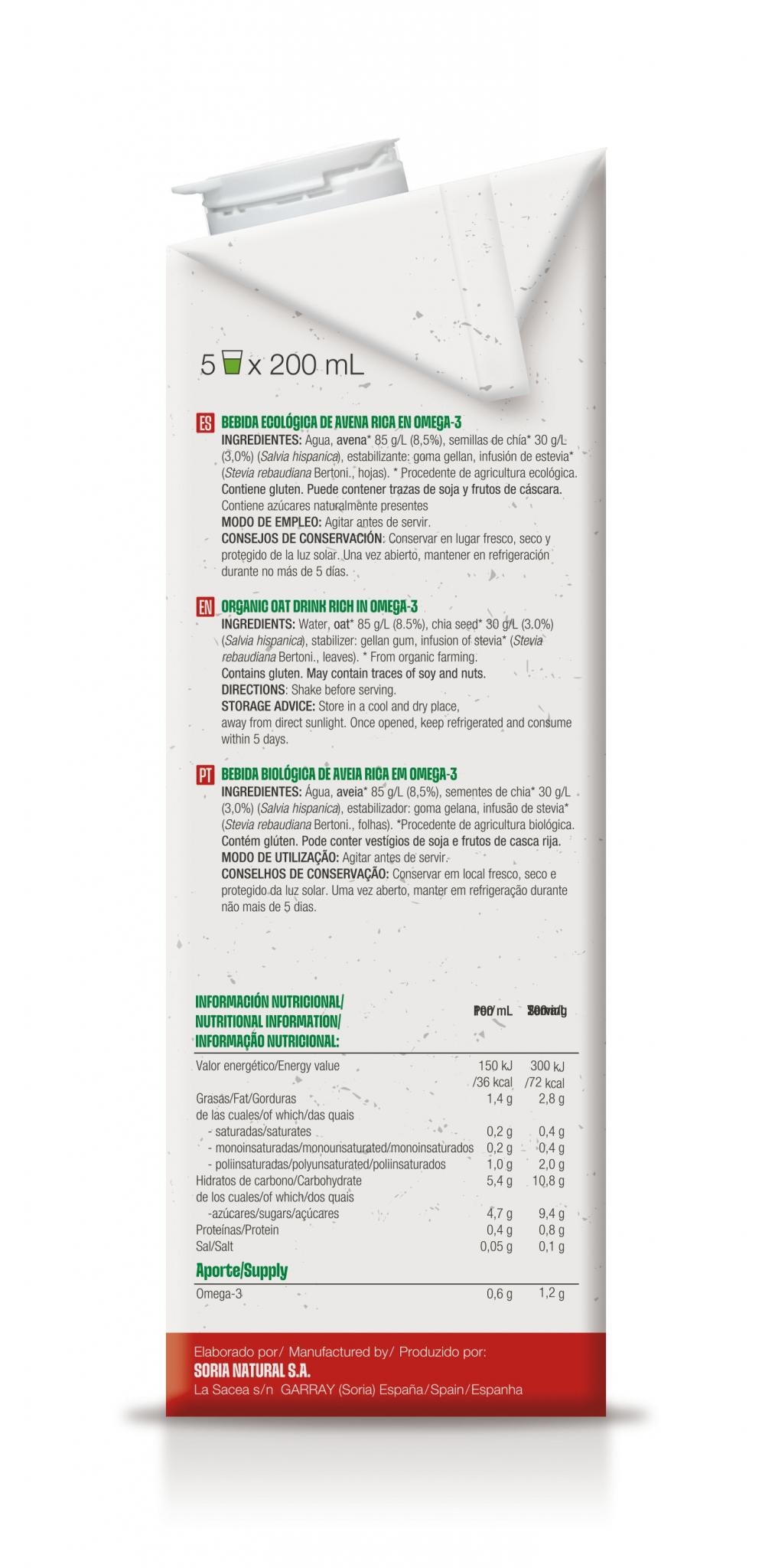 Bebida de Avena Rica en Omega 3 · Soria Natural · 1 litro - 2