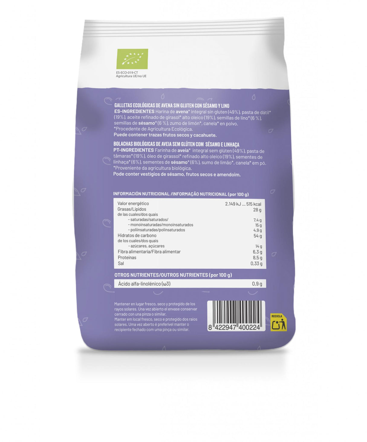 Galletas de Avena con Semillas de Sésamo y Lino BIO · Soria Natural · 125 g — información nutricional