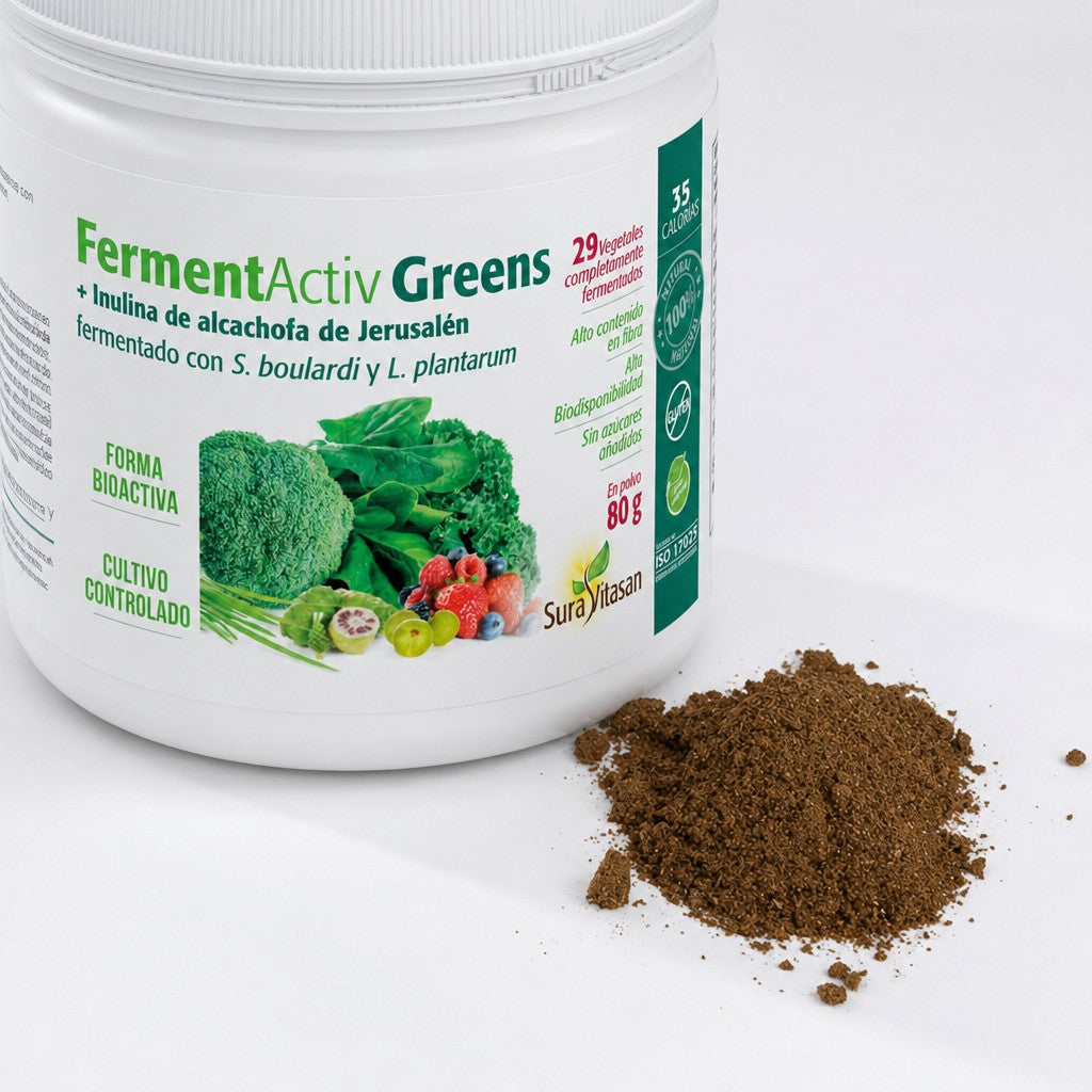 FermentActiv Greens · Sura Vitasan — polvo y frasco