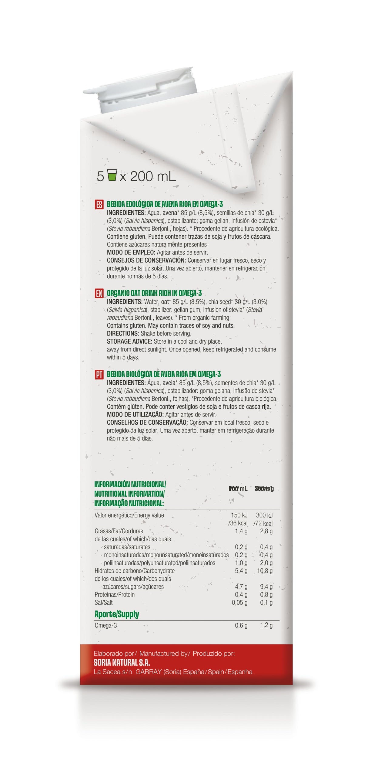 Bebida de Avena Rica en Omega 3 · Soria Natural · 1 litro