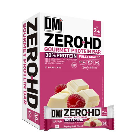 Protein Bar Chocolate Blanco con Frambuesa · DMI Nutrition · Caja 12x60 g